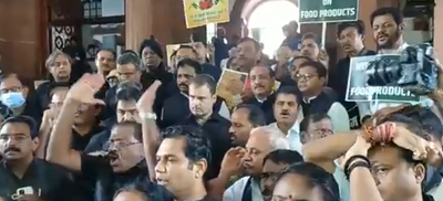Wearing black clothes, Congress MPs stage protest in Parliament