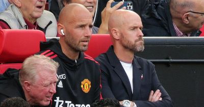 Cristiano Ronaldo's face is a picture as he sits on the bench in front of Erik ten Hag