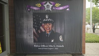 A year after Officer Ella French was killed during a traffic stop, Lightfoot and Pritzker join police officials to honor her memory