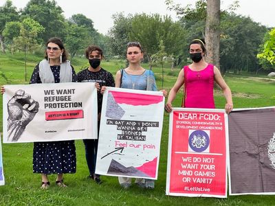 LGBT+ Afghans call on UK to save them from Taliban violence in Pakistan protest