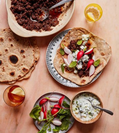 Thomasina Miers’ recipe for spiced lamb with flatbreads and cucumber yoghurt