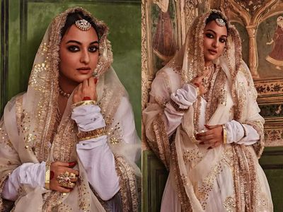 Sonakshi Sinha looks regal in a white and gold anghrakha