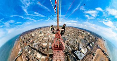 RAF Red Arrows captured in breathtaking selfies as three men scale Blackpool Tower