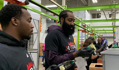 Former Rockets star James Harden volunteers at Houston Food Bank