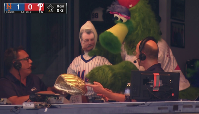 Phillie Phanatic hilariously confronted Keith Hernandez in the Mets’ booth with a blow-up doll of Keith Hernandez