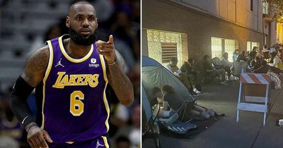 Basketball fans camp overnight to see LeBron James play small gym game against amateurs