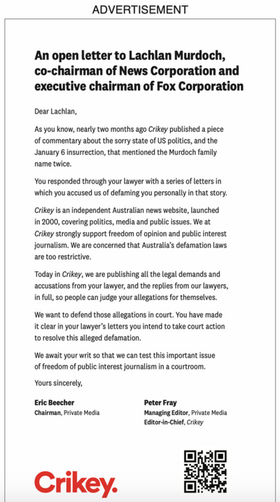 Sue us: Crikey tells Lachlan Murdoch to make good on legal threats in New York Times letter