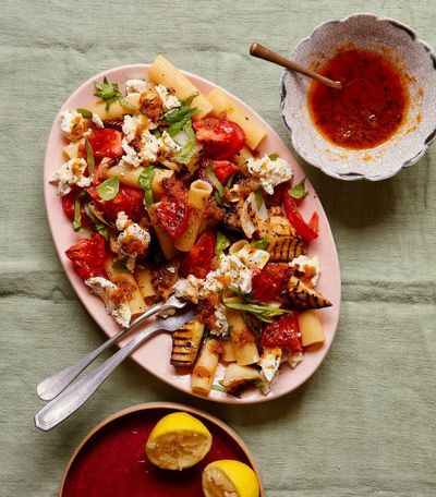 Thomasina Miers’ recipe for pasta with charred aubergine, ricotta and mojo de ajo