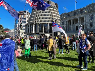 Anti-government protesters gather outside New Zealand's parliament