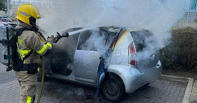 Photo show burnt out remains of car after blaze near Luas stop