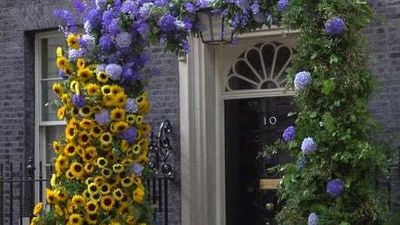 No 10 decorated with yellow and blue flowers in solidarity with Ukraine