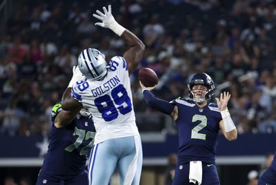 Seahawks QB Drew Lock throws his second interception vs. Cowboys