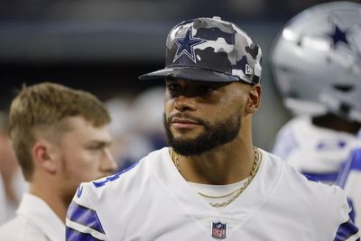 Dak Prescott reacts excitedly to Drew Lock’s third interception vs. Cowboys