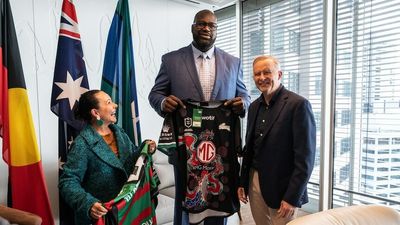 Why was Shaquille O'Neal at a press conference with Australian Prime Minister Anthony Albanese?