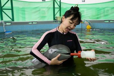 Sick dolphin calf improves with tube-fed milk, helping hands