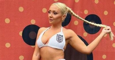 'Not too keen on footie, but very keen on women': ITV Corrie beauty flies the flag in England bikini top at Manchester Pride
