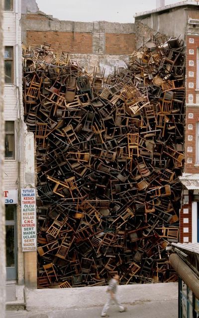 ‘Were their owners’ lives turned upside down too?’ What this tower of chairs says about Putin’s war