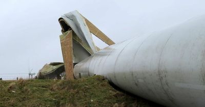 Giant wind turbine completely destroyed and toppled over by powerful 50mph wind
