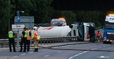 Major road closed for more than eight hours after tanker overturns