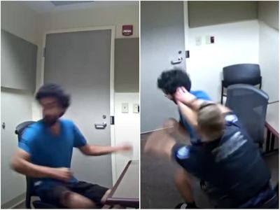 Frightening moment kidnapping suspect attacks police officer with a pen in interrogation room