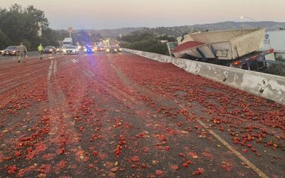Sauced tomatoes cover Californian highway after bizarre truck crash
