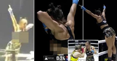 Bare-knuckle boxer lifts her top to flash her breasts in daring celebration