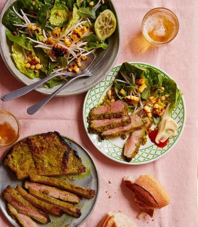 Thomasina Miers’ recipe for lemongrass and coconut pork with corn and herb salad