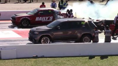 Dodge Challenger Demon Drag Races Modified Jeep Trackhawk, CTS-V