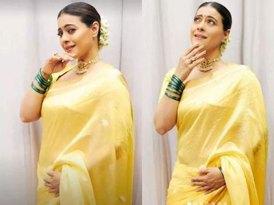 Kajol looks age defying in a yellow sari for Ganesh Chaturthi celebrations