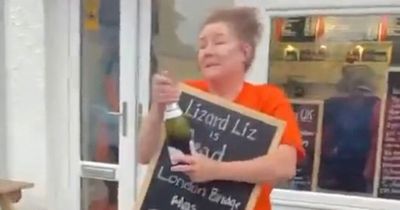 Chip shop owner who sparked fury by proclaiming 'Lizard Liz is dead' is pelted with eggs