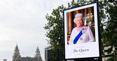 Face of Queen Elizabeth II illuminated in signs around Liverpool