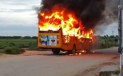 Four persons escape as school bus catches fire near Arakkonam