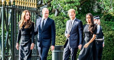 Harry and Meghan reunite with William and Kate to view floral tributes at gates of Windsor Castle