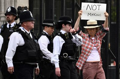 Protester led away by police after holding 'not my King' sign at Westminster
