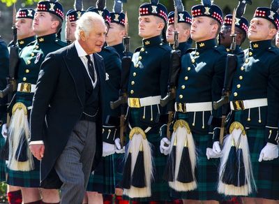 King welcomed to Scotland in Ceremony of the Keys at Palace of Holyroodhouse