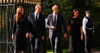 Harry and Meghan join Kate, William and royals to welcome Queen's coffin at Palace