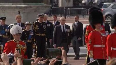 King, William, Harry, Anne, Edward, Philip Walk Behind Queen Elizabeth's Coffin