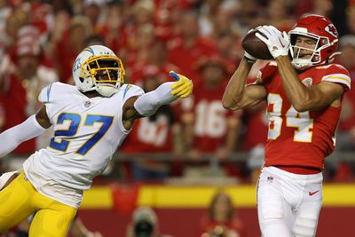 Close-up of former Patriots cornerback J.C. Jackson getting cooked by Chiefs receiver