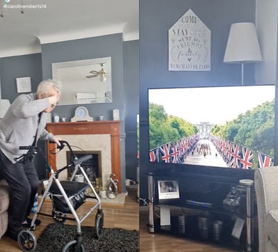 Elderly veteran salutes Queen Elizabeth II from home as he watches coffin procession on TV