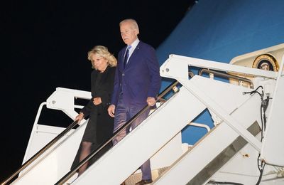 US president Joe Biden touches down in UK on Air Force One ahead of Queen’s funeral