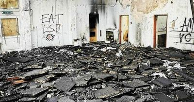 Inside abandoned and charred school where fire left rooms blackened and covered in ash