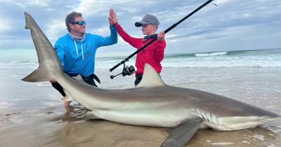 Incredible moment boy, 9, catches enormous 23 stone shark while fishing with dad