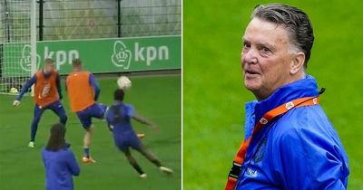 Louis van Gaal explodes with excitement after Tyrell Malacia moment in training