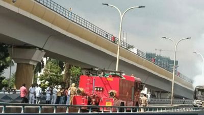 Kolkata: Empty school bus catches fire on Taratala Flyover; gutted