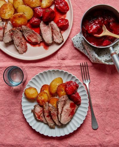 Thomasina Miers’ five-spice duck recipe, with roast plums and crisp potatoes