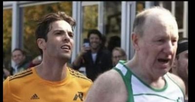 Football star Kaka fist bumped Irish marathon runner, 58, as he passed the World Cup winner at Berlin marathon