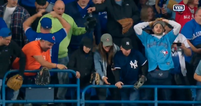 A Blue Jays fan had a priceless reaction after he just missed catching Aaron Judge’s 61st home run