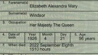 Queen Elizabeth II's death certificate says the monarch died of 'old age'
