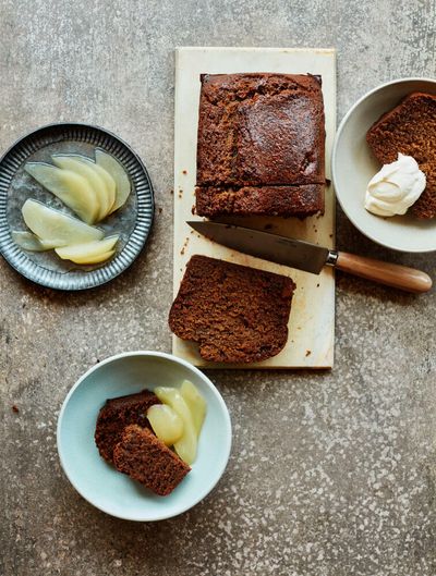 Ravneet Gill’s recipe for sticky ginger loaf with poached pears