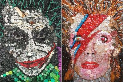 Former florist recreates cultural figures using buttons, brooches and beads